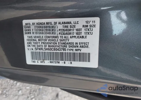 2012 Honda Odyssey Ex-L z USA, uszkodzony, nr VIN 5FNRL5H60CB043795